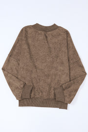 Acid wash mock neck sweatshirt in taupe with ribbed cuffs and hem