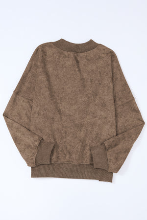 Acid wash mock neck sweatshirt in taupe with ribbed cuffs and hem