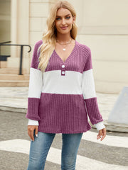 Ribbed Henley colorblock knit sweater with V-neck and button detail in purple and white.