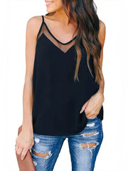 Black cami top with sheer V-neck insert and adjustable spaghetti straps.
