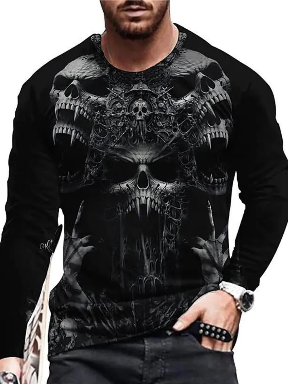 Men's Skeleton Embrace Long Sleeve T-shirt Plus Size in Chartreuse, side view