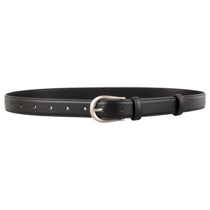Black leather belt with silver buckle and multiple holes