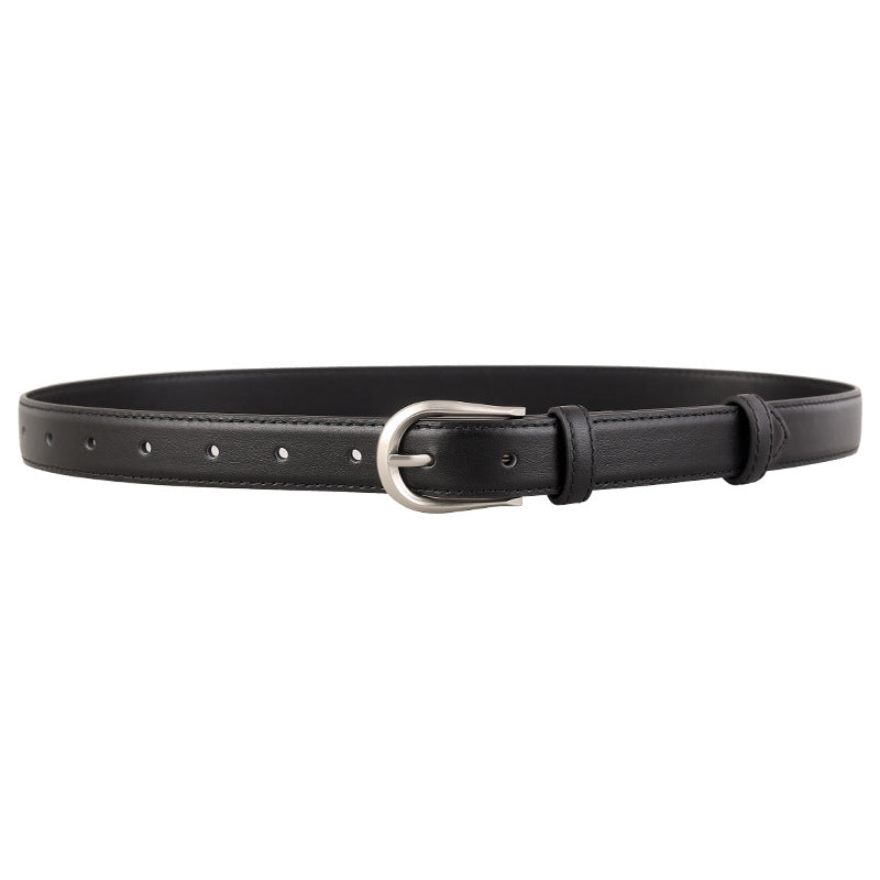 Black leather belt with silver buckle and multiple holes