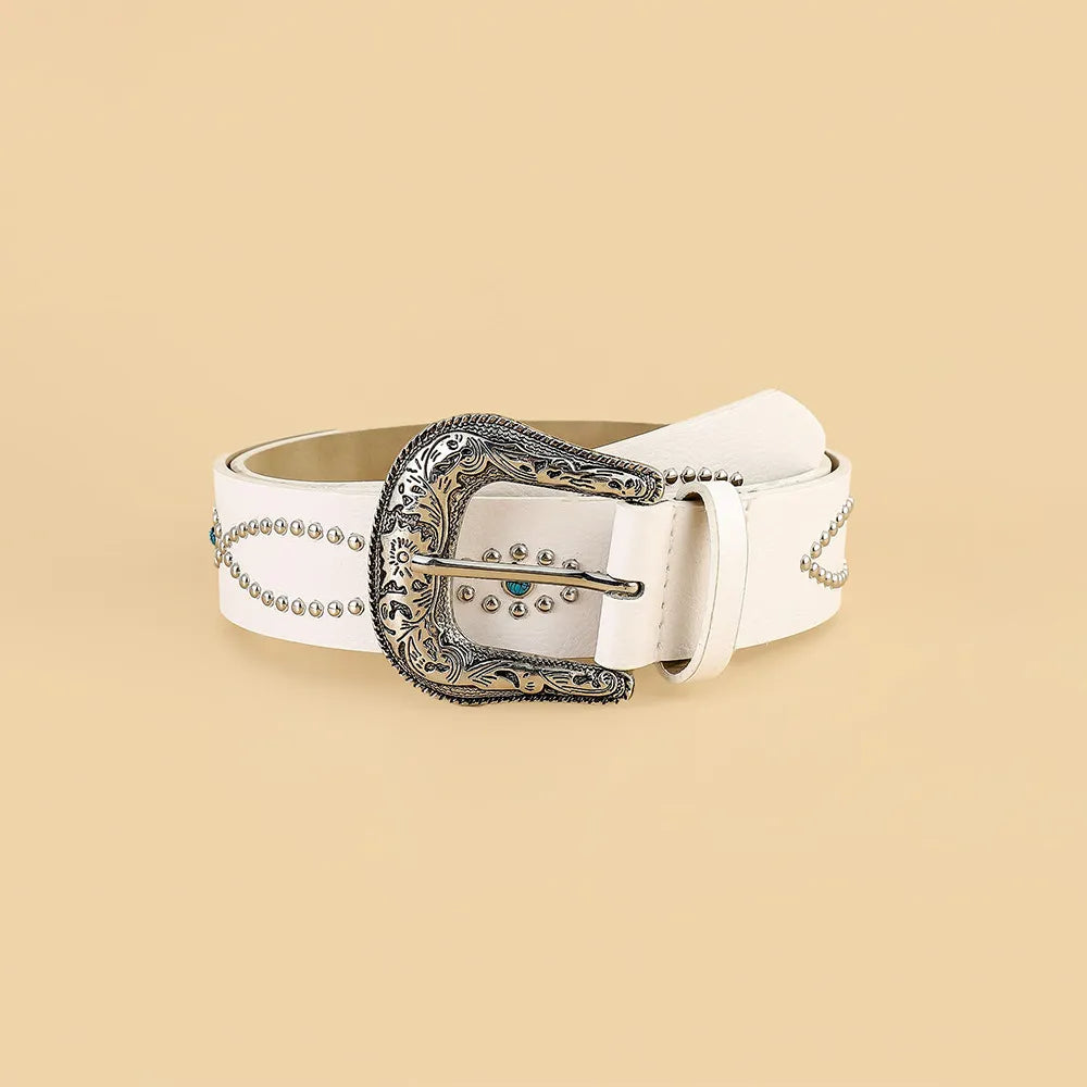 White faux leather belt with antique buckle and silver studs