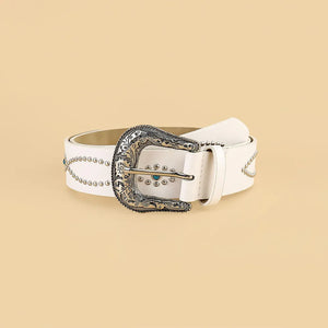 White faux leather belt with antique buckle and silver studs