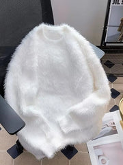 White fluffy knit pullover sweater with crew neck and long sleeves.