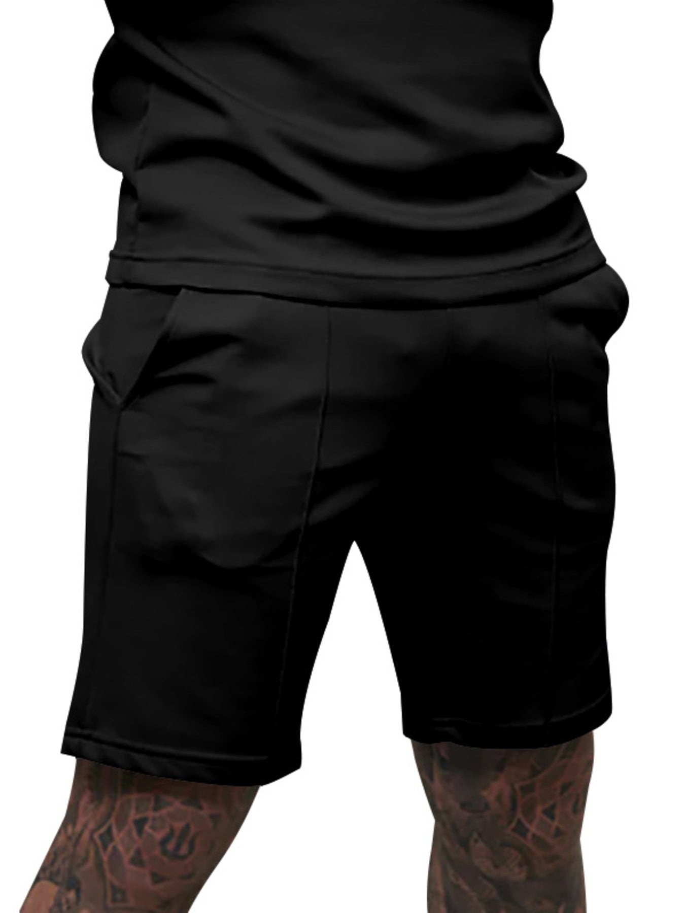 Black chino shorts with drawstring waist and side pockets.