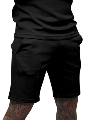 Black chino shorts with drawstring waist and side pockets.