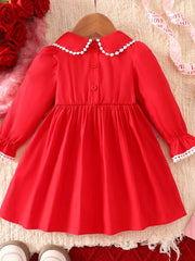 Children's Bow Long Sleeve Dress in Red, fabric detail