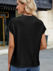 Black knit cap sleeve top with vertical seam detail.