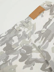 Camouflage wide-leg cargo pants with button fly and belt loops.
