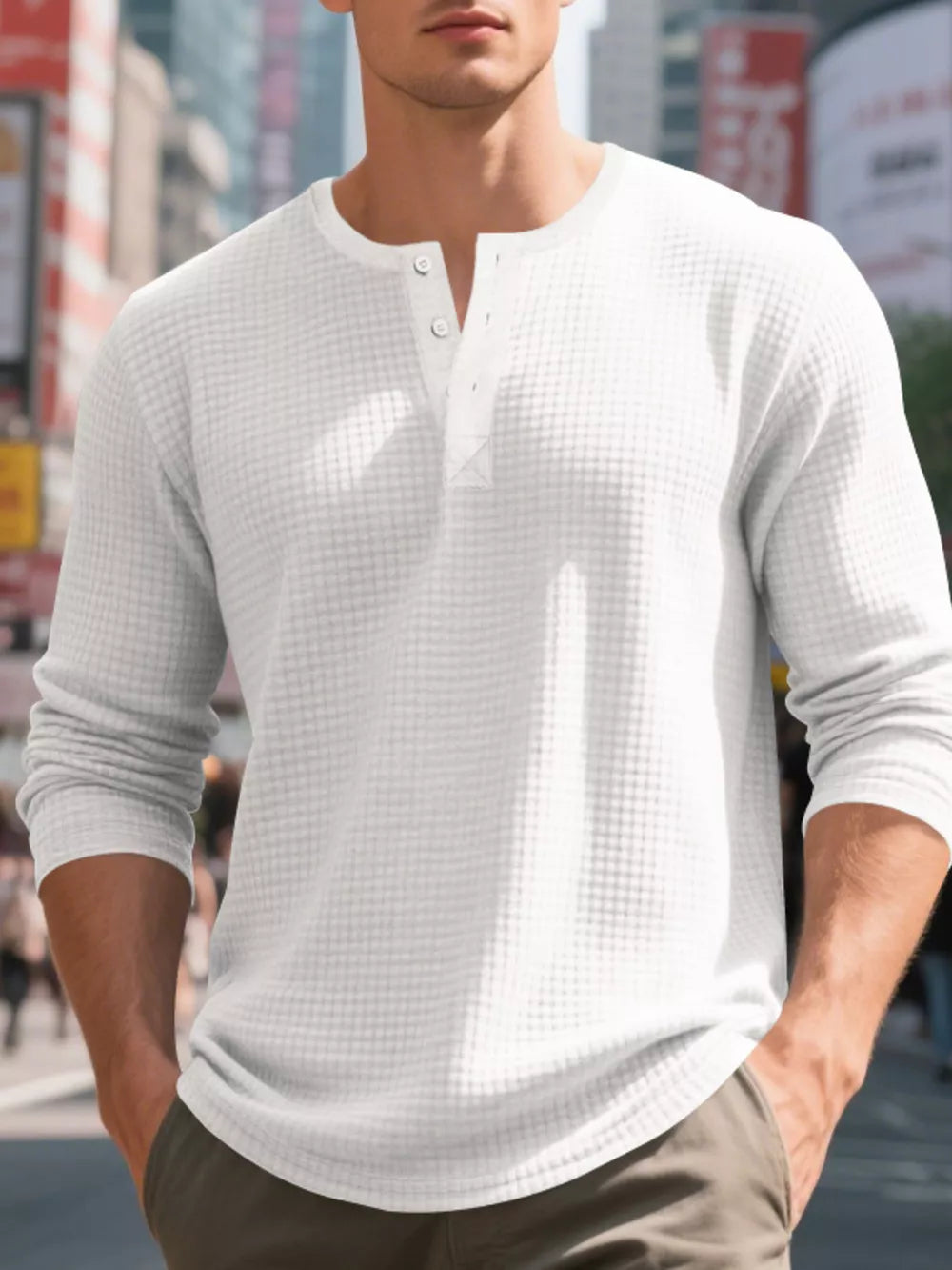 White waffle knit henley t-shirt with button placket and long sleeves.