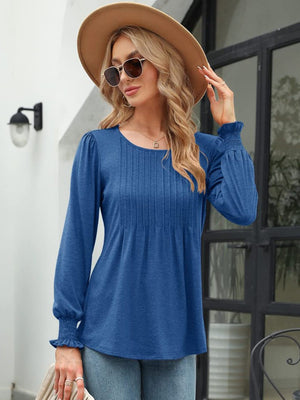 Peacock Blue blouse with pleated bodice and gathered sleeves.