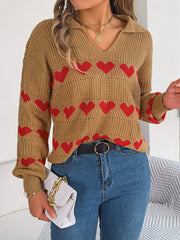 Camel knit polo sweater with red heart pattern and v-neck