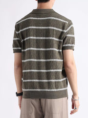 Men's striped knit polo shirt in Flower Green with textured fabric and short sleeves.