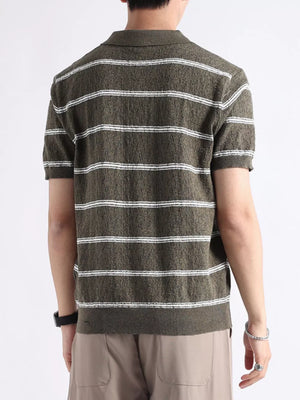 Men's striped knit polo shirt in Flower Green with textured fabric and short sleeves.