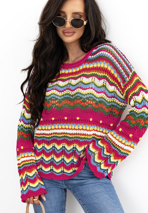 Multicolor crochet wave knit sweater with round neck and long sleeves.