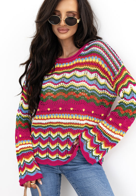 Multicolor crochet wave knit sweater with round neck and long sleeves.