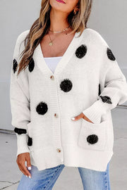 Polka Dot Button Up Cardigan in White, front view