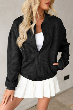 Black textured diamond quilted bomber jacket with zip front and pockets