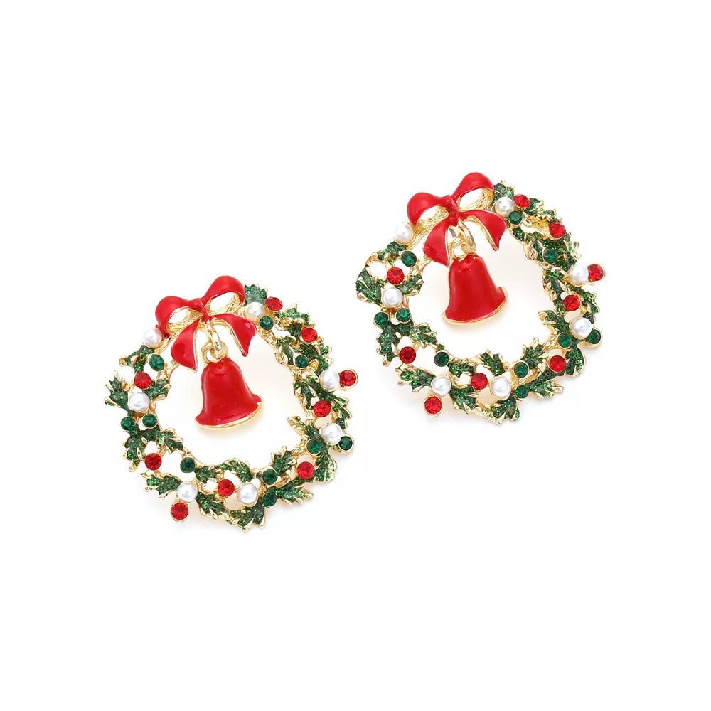 Festive wreath bell earrings with red bows, green leaves, red and white beads.