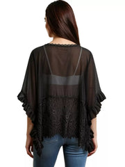 Black sheer flowing cover-up with lace trim and ruffled sleeves.