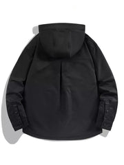 Black hooded jacket with snap-down detail and adjustable hood.