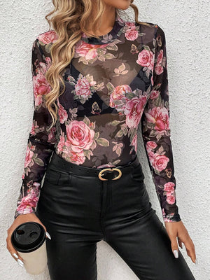 Black mesh bodysuit with long sleeves and a floral rose print, featuring butterflies.