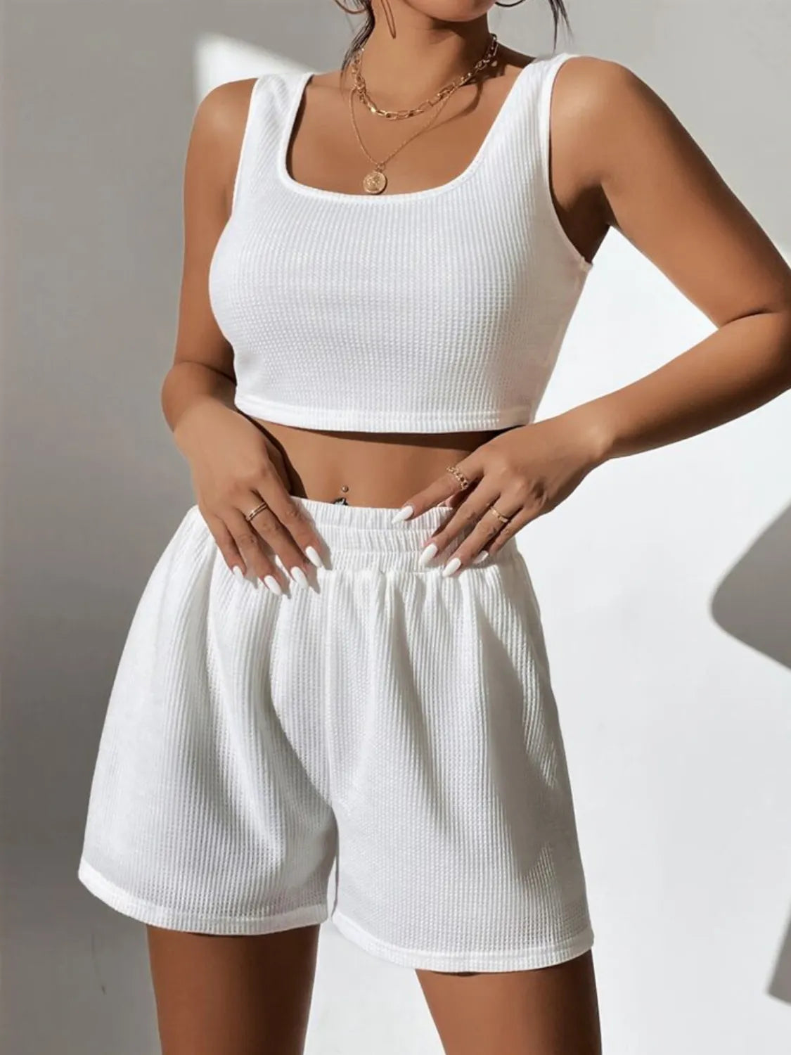 White ribbed knit crop top and high-waist shorts set with square neckline