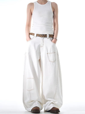White cotton wide-leg jeans with contrast stitching and functional pockets