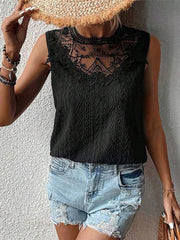 Black sleeveless blouse with lace yoke and embroidered texture detail
