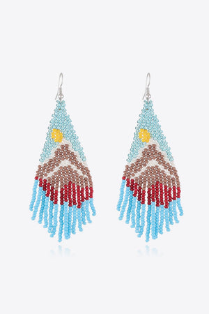 Women's chic beaded drop earrings in blue, brown, red, and yellow chevron pattern