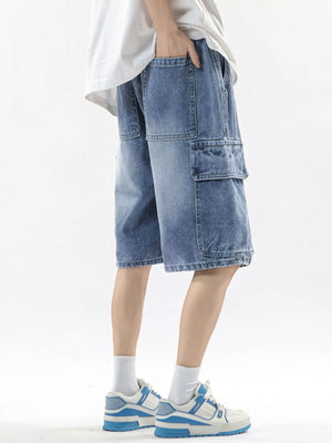 Men's blue denim cargo shorts with multiple pockets and drawstring waist.