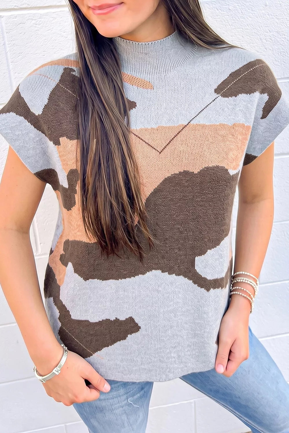 Camouflage Drop Shoulder High Neck Sweater in Gray, front view