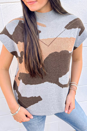 Camouflage Drop Shoulder High Neck Sweater in Gray, front view