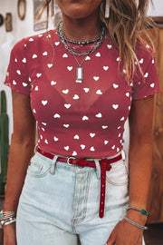 Deep Red sheer t-shirt with white heart print, short sleeves, and a fitted cut.