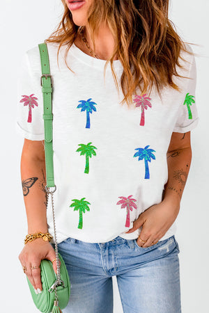 White crewneck tee with glitter palm tree print in pink, blue, and green.