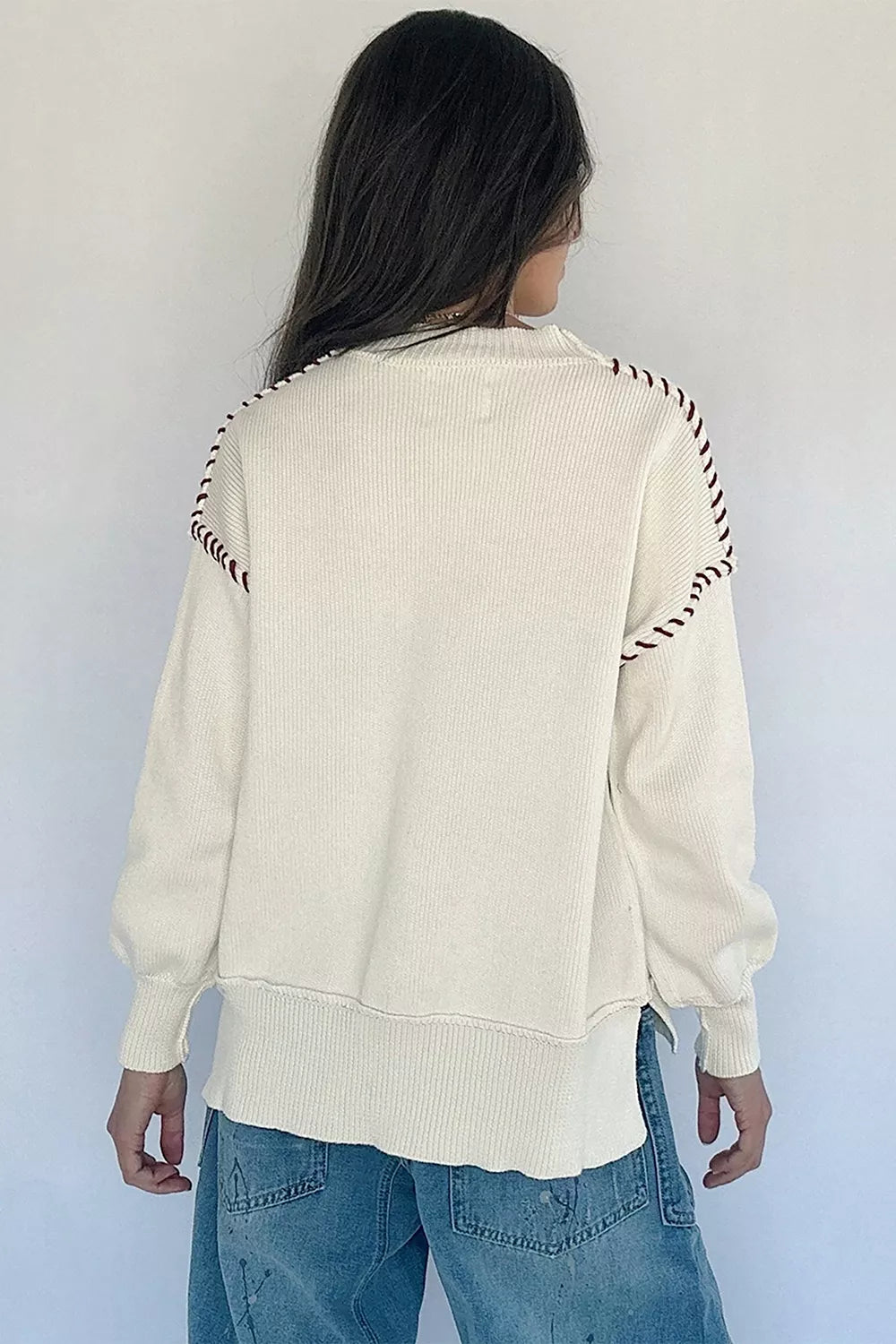 Drop Shoulder Game Day Letter Sweater in White, model styling view