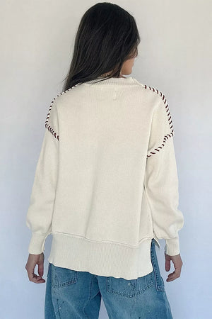 Drop Shoulder Game Day Letter Sweater in White, model styling view