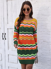 Chevron stripe knit mini dress with crochet detail in orange, green, yellow, and pink.