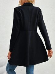 Black draped collar flare-hem coat with button detail and long sleeves.