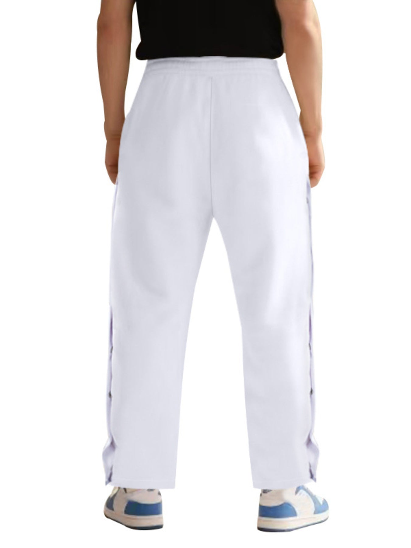 White men's track pants with snap buttons down the sides.
