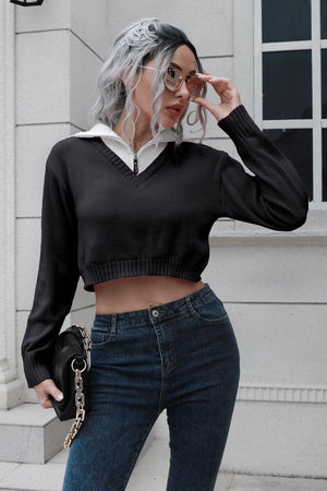 Black cropped v-neck sweater with zip detail and white collar, acrylic knit