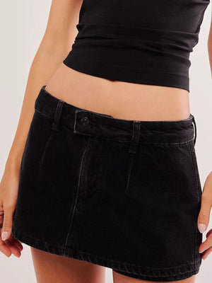 Black denim mini skort with button closure and belt loops.