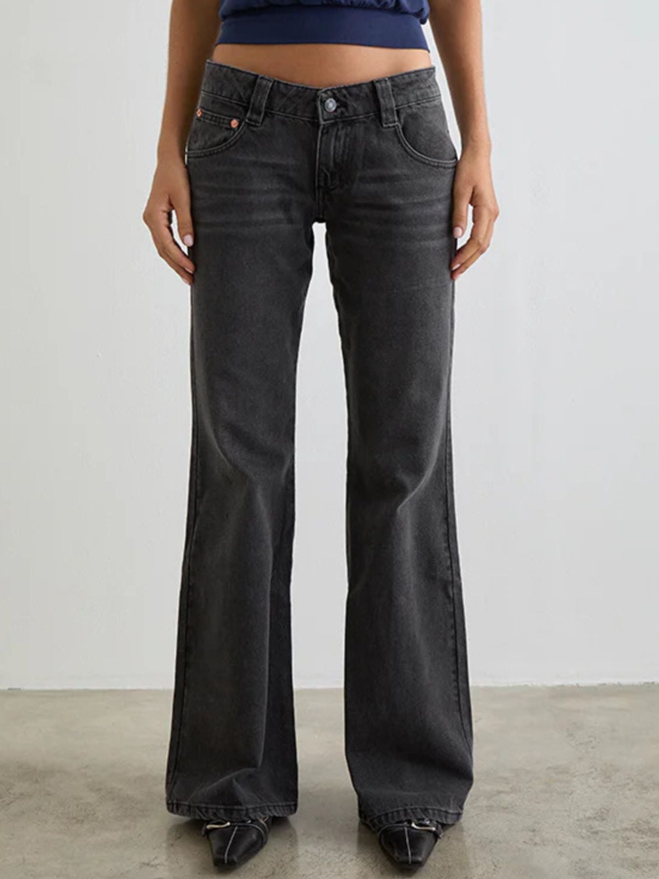 Dark gray cotton low rise flare leg jeans with pockets