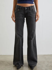 Dark gray cotton low rise flare leg jeans with pockets