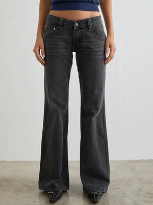 Dark gray cotton low rise flare leg jeans with pockets