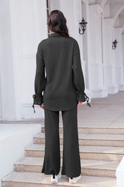 Black textured tie-sleeve co-ord set with wide-leg pants