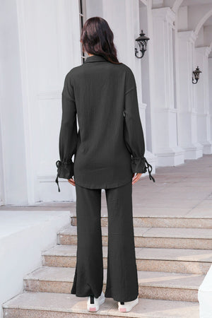 Black textured tie-sleeve co-ord set with wide-leg pants