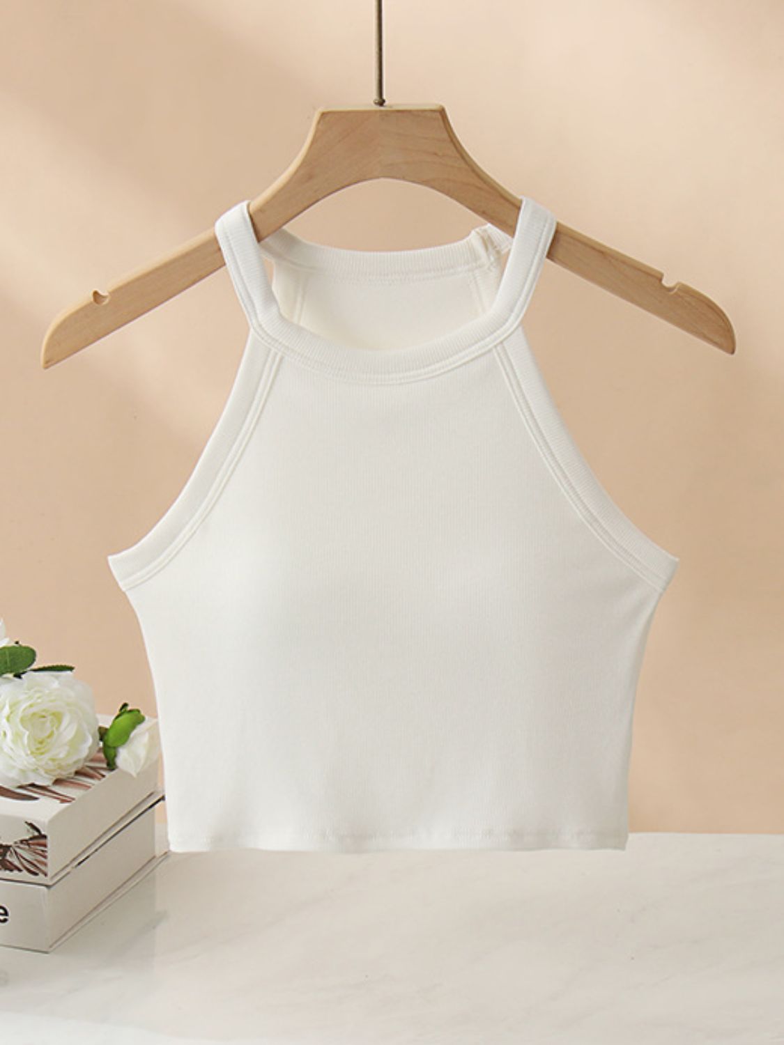 White ribbed halter crop top with contrast stitching detail